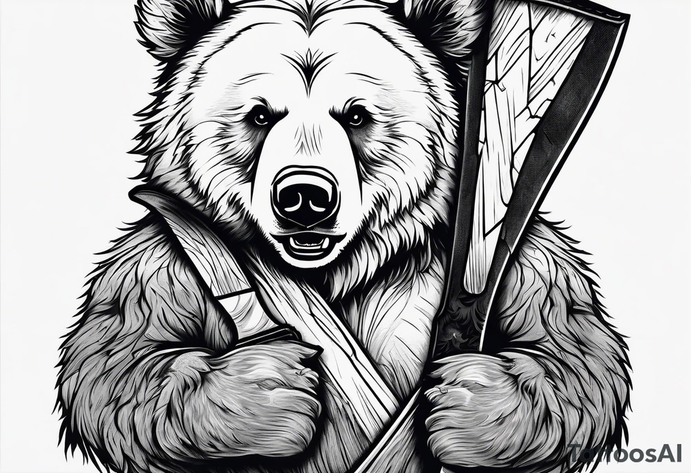 Vertically split half teddy bear and half grizzly bear holding a wooden axe tattoo idea