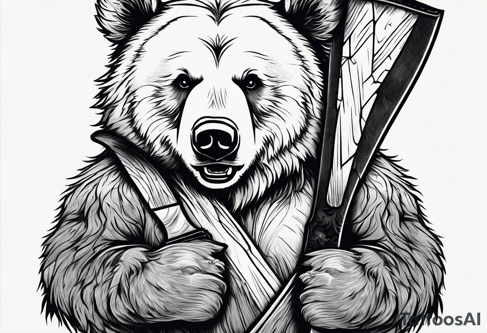 Vertically split half teddy bear and half grizzly bear holding a wooden axe tattoo idea Vertically split half teddy bear and half grizzly bear holding a wooden axe tattoo idea