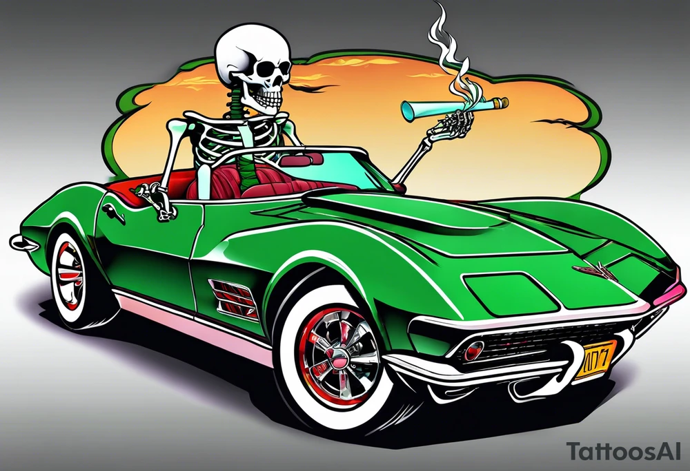 Skeleton smoking a cigarette driving a green 1976 convertible Corvette tattoo idea