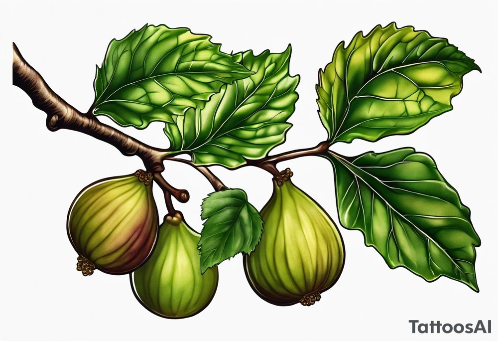 A fig branch with 3 greenish-brown fruits and multiple fig leaves tattoo idea
