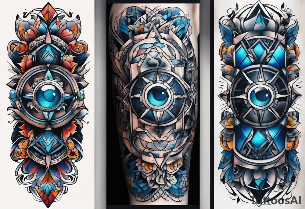 semi Detailed neo traditional knee tattoo flat on paper. The tattoo features geometric patterns and bold lines, creating a visually striking design with slight tints of deep fall colors. outside the tattoo features deep blues washes and water swirls tattoo idea