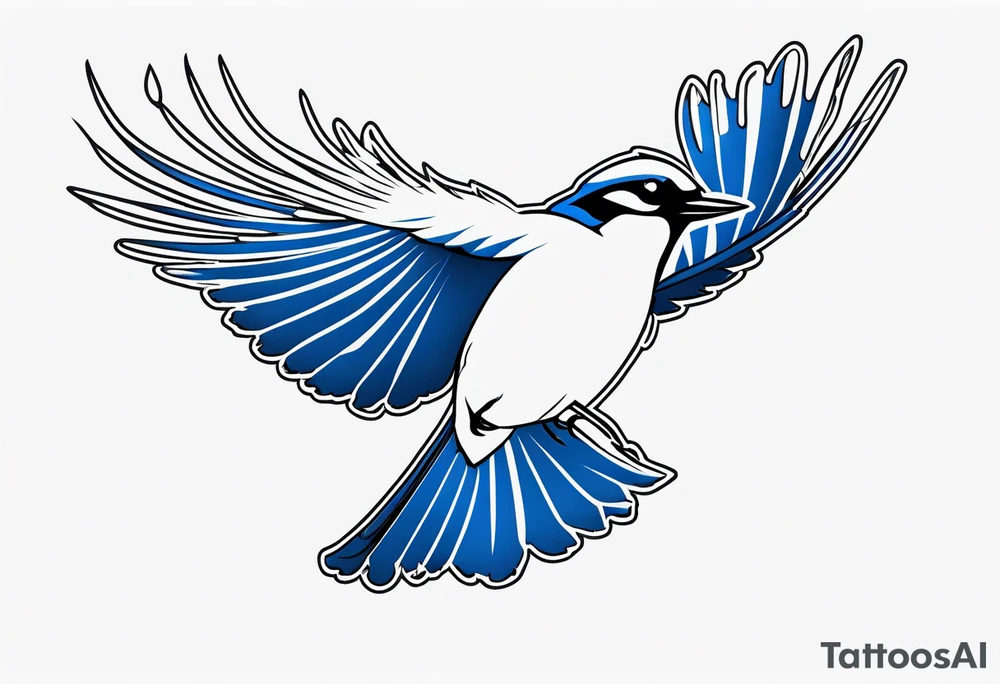 Strong blue jay bird in flight head down tattoo idea