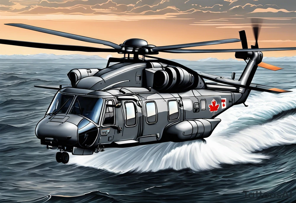 canadian military grey helicopter cyclone CH-148, a helicopter flying over rough water, Clear sky, sunset
, military art, ocean specular, highly detailed background, tattoo idea
