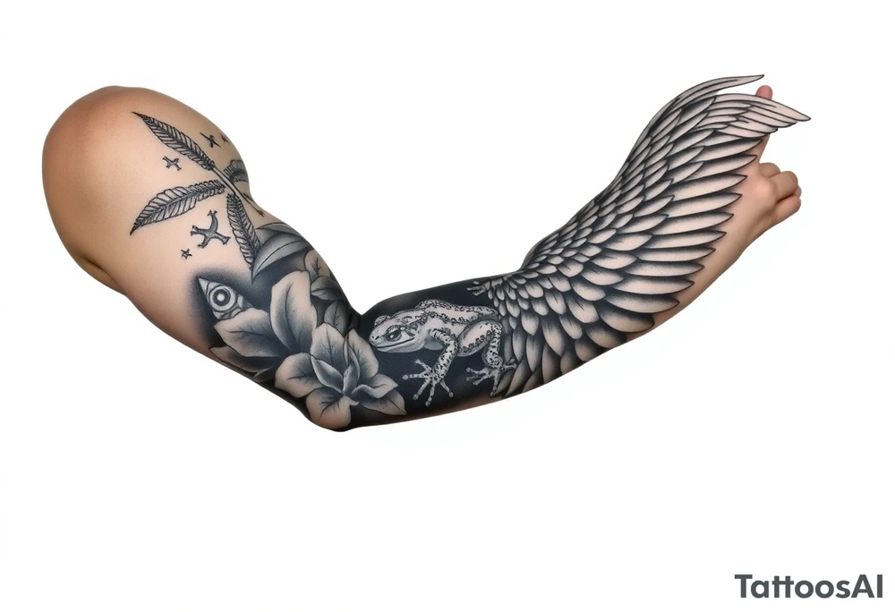 Full Sleeve tattoo including details of jungle leaves, Taino frog , Puerto Rican tribal patterns, angel wing tattoo idea