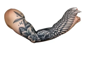 Full Sleeve tattoo including details of jungle leaves, Taino frog , Puerto Rican tribal patterns, angel wing tattoo idea