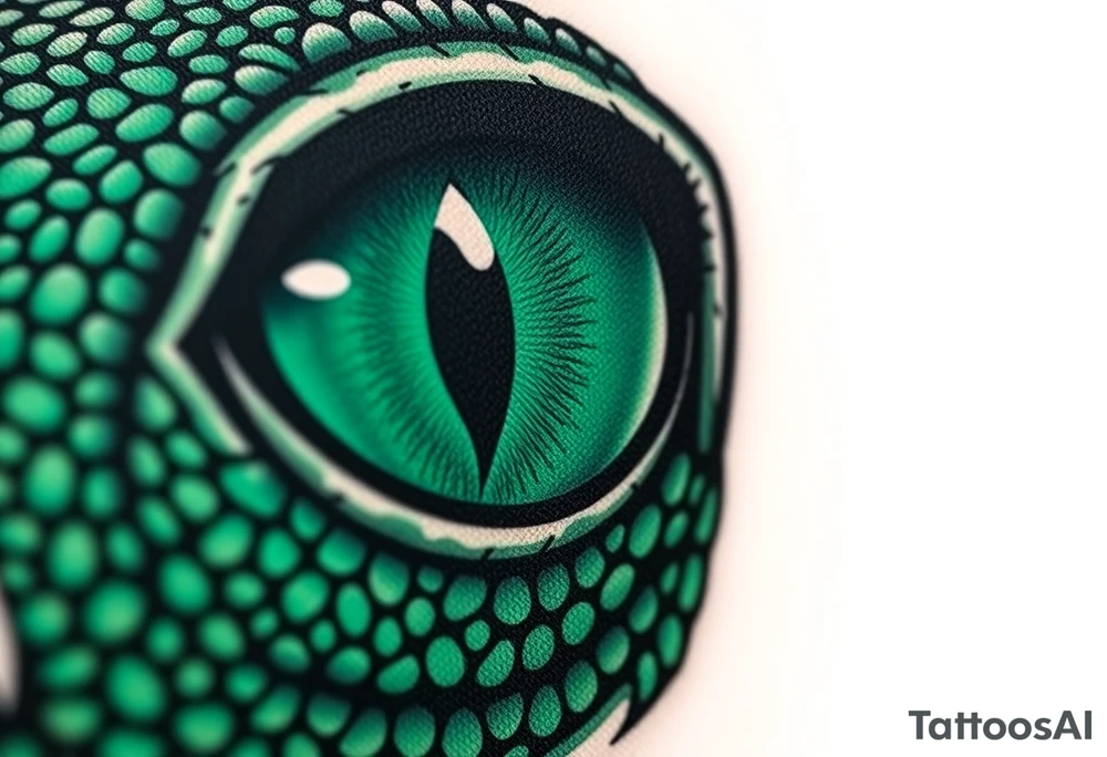 "A hyper-detailed close-up of a lizard eye, realistic scales texture, emerald green and black ink style, small tattoo design (3-5 cm), sharp lines, stippling shading, minimalist background, high contrast, suitable for forearm or wrist. Trending on Pinterest, Behance. Do not include full face, only the eye area. tattoo idea