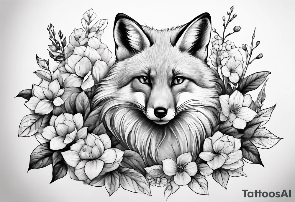 sitting fox, full body, realistic, hydrangeas tattoo idea sitting fox, full body, realistic, hydrangeas tattoo idea