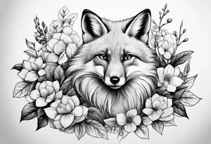 sitting fox, full body, realistic, hydrangeas tattoo idea
