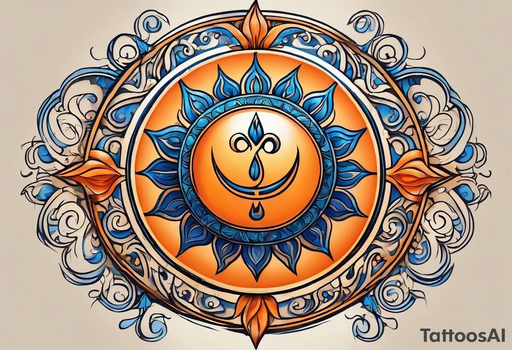 I'd like a tattoo of an orange sun with a blue om symbol superimposed on it. The sun should be behind the ohm symbol. tattoo idea