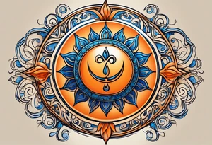 I'd like a tattoo of an orange sun with a blue om symbol superimposed on it. The sun should be behind the ohm symbol. tattoo idea