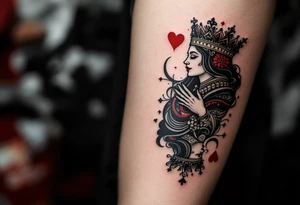Two playing card symbols—King of Spades and Queen of Hearts—done in black, red, and subtle shading. tattoo idea