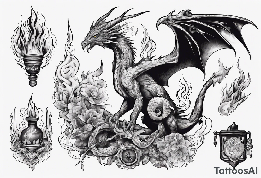 a sward with a wyvern wrapped upon its top with fire and mystical items all around tattoo idea