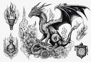 a sward with a wyvern wrapped upon its top with fire and mystical items all around tattoo idea