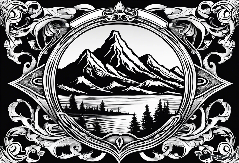 A flaming shield adorned with a mountain tattoo idea