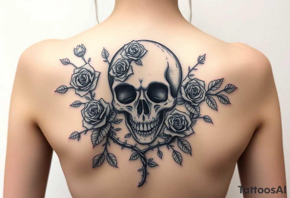 gothic skull intertwined with climbing roses and thorny vines tattoo idea