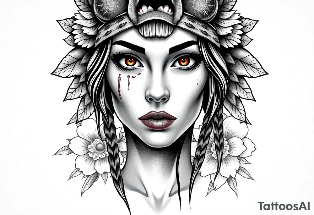 Young Symmetrical Beautiful Woman, looking forward, with colored eyes, shedding a tear, with battle scars and blood on face, with soft look, wearing a mean looking bear headdress on head, with flower background tattoo idea