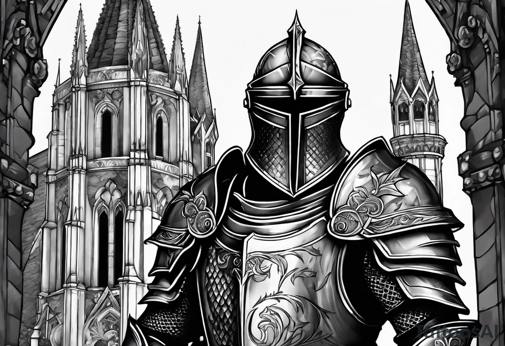 knight heavy armor in front of cathedral tattoo idea