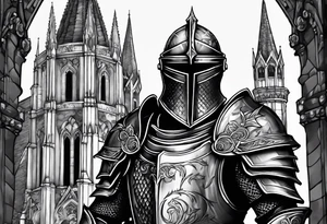 knight heavy armor in front of cathedral tattoo idea