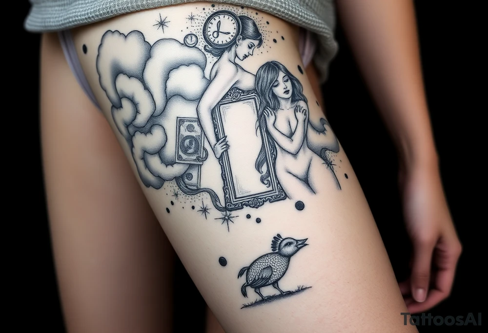 Storm clouds with a fat naked woman and drugs and money  and coinsand mirror and sexy naked couple lustful having sex with pig and peacock tattoo idea