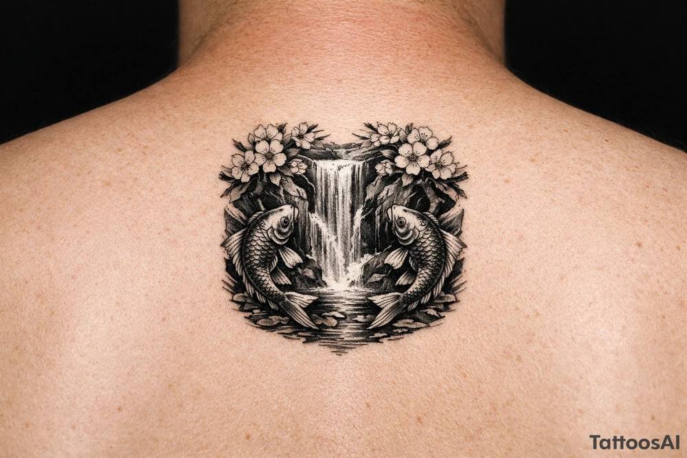 Cherry blossoms, waterfall, koi tattoo idea