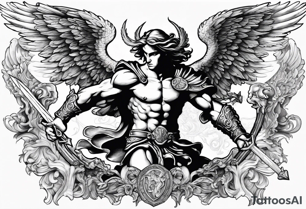 St Michael fighting the devil. Angels and demons are fighting in the background tattoo idea