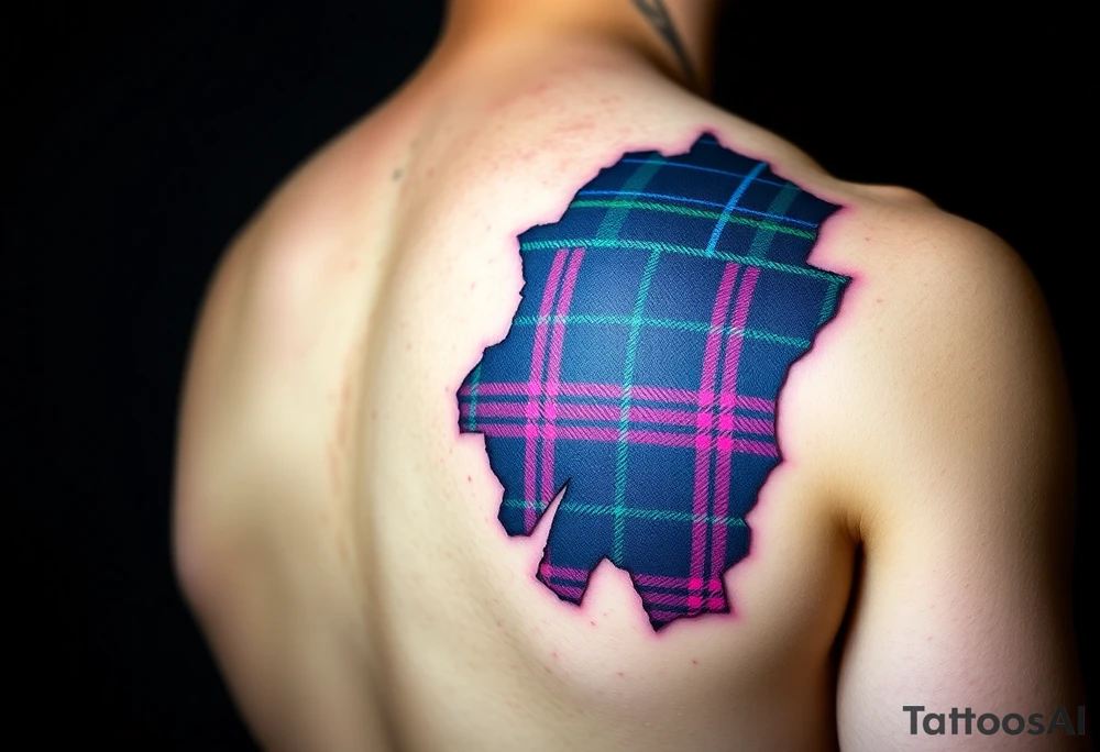 Dark Purple with green pink blue and white highlights tartan fabric on bicep with skin tearing away to reveal tartan underneath tattoo idea