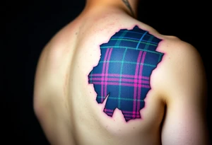 Dark Purple with green pink blue and white highlights tartan fabric on bicep with skin tearing away to reveal tartan underneath tattoo idea