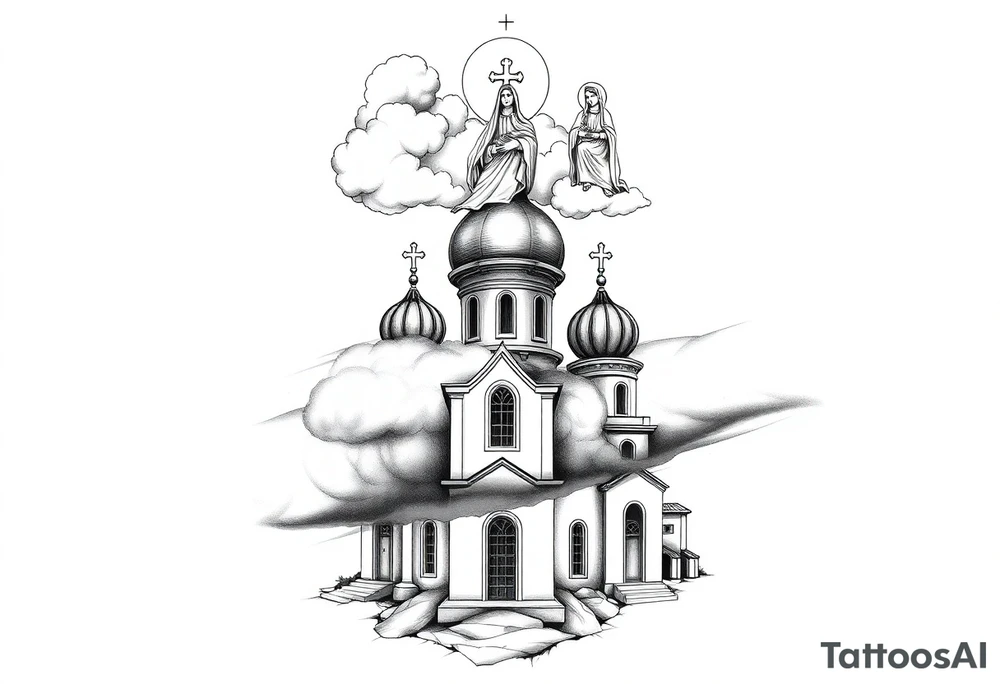 Russian Orthodox church with orthodox spire crosses, with clouds above it and a virgin mary seperately over looking sat above tattoo idea