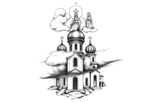 Russian Orthodox church with orthodox spire crosses, with clouds above it and a virgin mary seperately over looking sat above tattoo idea