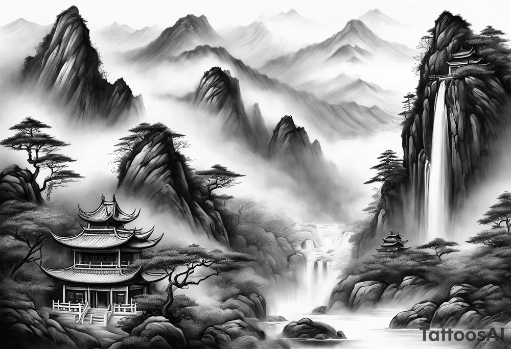 forearm sleeve traditional chinese art painting Chinese temple two old men wearing robes and drinking tea mountains mist fog waterfall tattoo idea