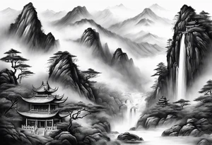 forearm sleeve traditional chinese art painting Chinese temple two old men wearing robes and drinking tea mountains mist fog waterfall tattoo idea