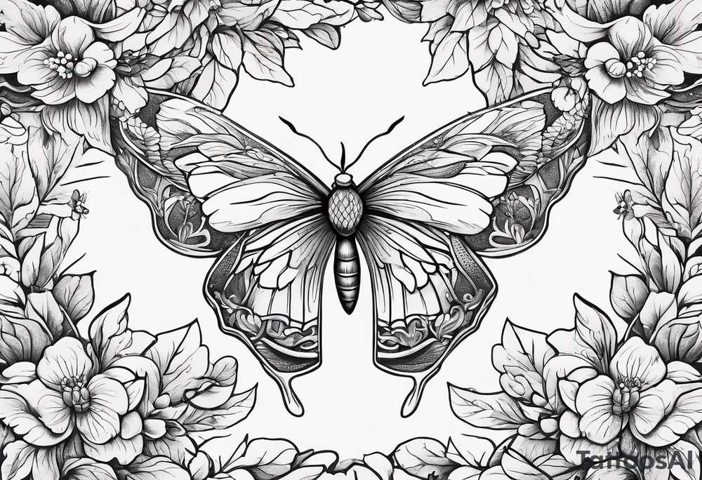Winding branches and leaves and tiny flowers with a small moth tattoo idea