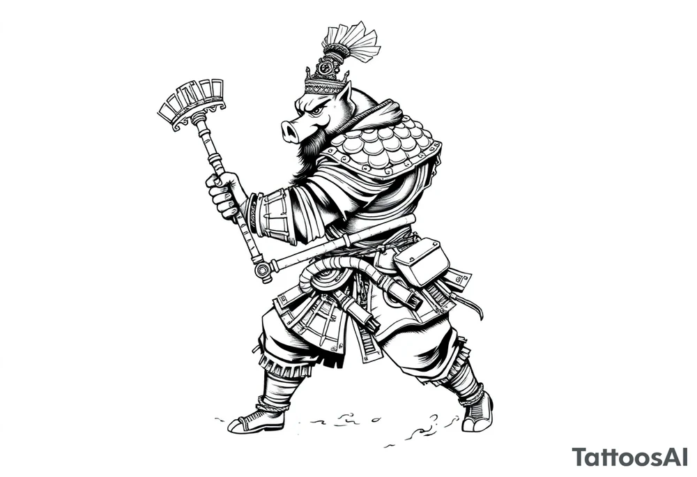Please design a tattoo stencil linework drawing of Marshal Tian Peng (Pigsy from Chinese mythology) in a realistic traditional tattoo style. He should be wearing heavy armor, holding a weapon (like a rake or traditional polearm), with a dynamic pose as if charging out of the frame.
This design is for tattoo stencil transfer, so please use only clean black outlines, no shading, no colors, just clear line art suitable for professional tattoo artists to transfer on skin. tattoo idea