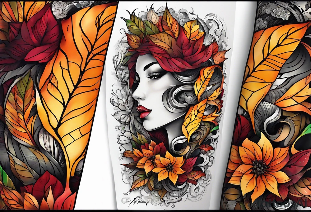 Arm Sleeve Tattoo with fall colors flat tattoo idea
