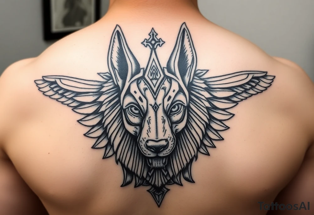 Egyptian Anubis god face muscle in Egypt style dog face surrounded Egyptian symbols tattoo idea