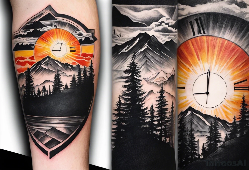 Half sleeve. View from the base of the mountains looking up to the sun. The sun is a clock that reads 12:01 to signify a new day. I want a clock tower in the middle of the mountains with the times my two sons were born. This tattoo represents overcoming massive obstacles and becoming a better person. tattoo idea