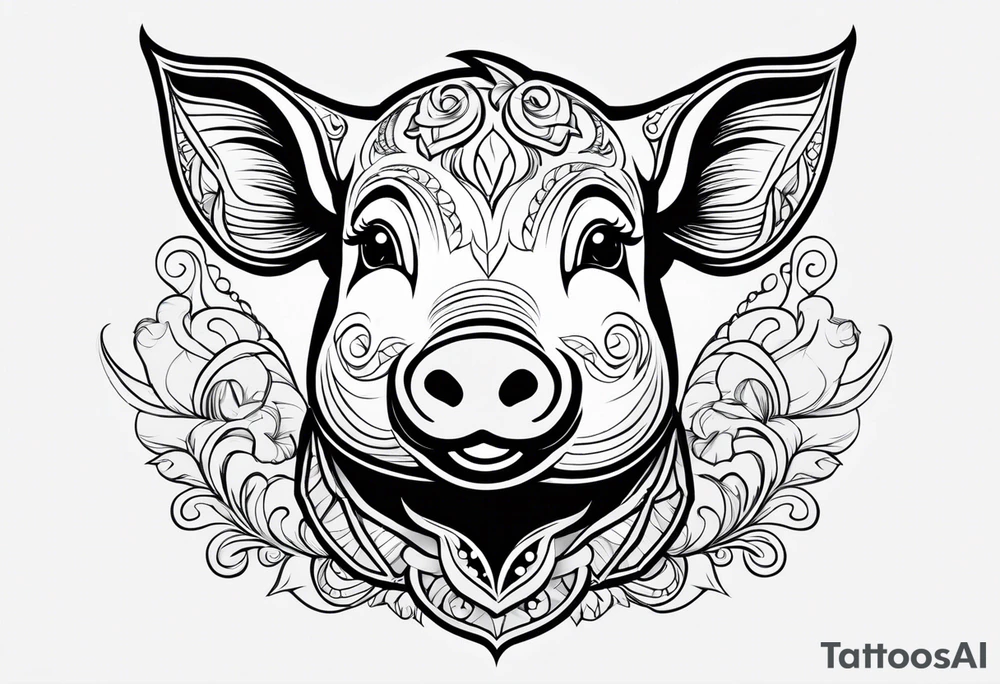 very cute happy piglet with small ears.
outline only.
black and white only.
only show the piglet. no extra lines or decoration.
no black shading.
draw only with very thin lines (1px)

should look like a tattoo that will only take 2 minutes to draw tattoo idea