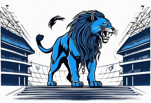 blue wildcat with long dreads under stadium football lights with a snarl on his face standing on a hill looking down at all his defeated opponents tattoo idea