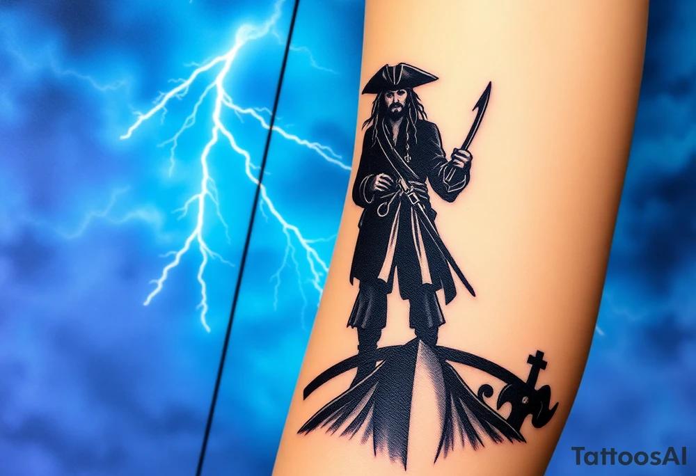 A dark silhouette of Jack Sparrow standing on the bow of a ship, with lightning illuminating the stormy sky behind him in deep blues and purples. tattoo idea