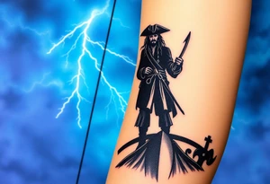 A dark silhouette of Jack Sparrow standing on the bow of a ship, with lightning illuminating the stormy sky behind him in deep blues and purples. tattoo idea