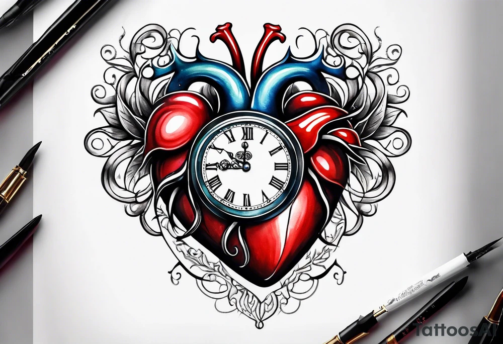 Heart with clock in middle hands on 8 and 5 tattoo idea