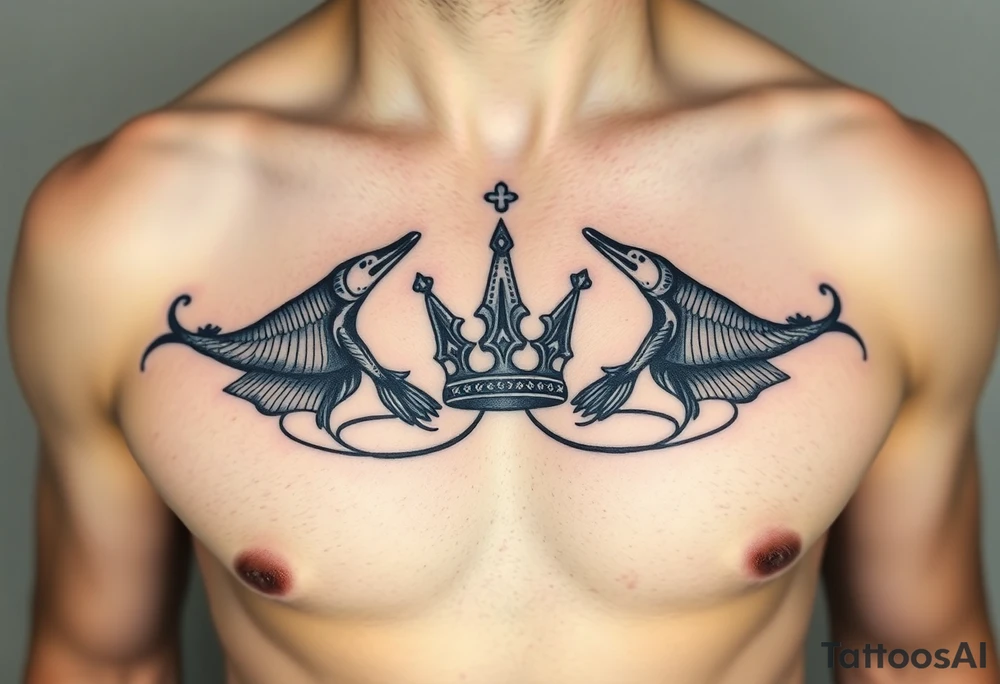Chest tattoo, two lures and crown between tattoo idea