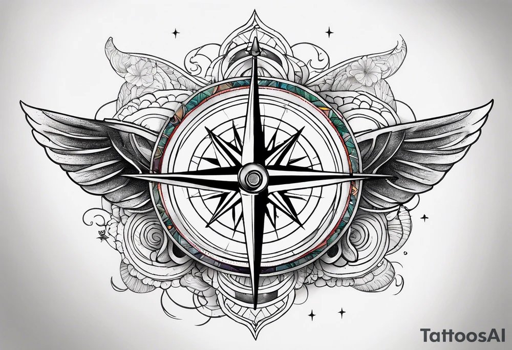 Travel themed for thigh, compass rose with tiny jet plane tattoo idea