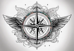 Travel themed for thigh, compass rose with tiny jet plane tattoo idea