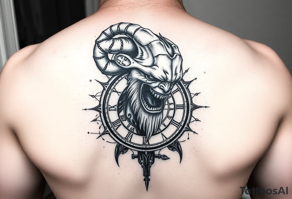 Cronos devorando el tiempo: puede incluir un reloj roto, engranajes y el rostro de Cronos, ideal en blanco y negro. tattoo idea