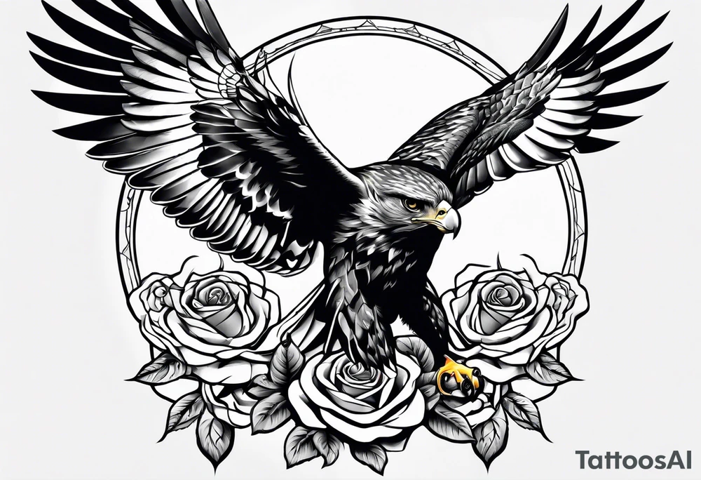Hawk with rose in beak flying down tattoo idea