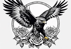 Hawk with rose in beak flying down tattoo idea