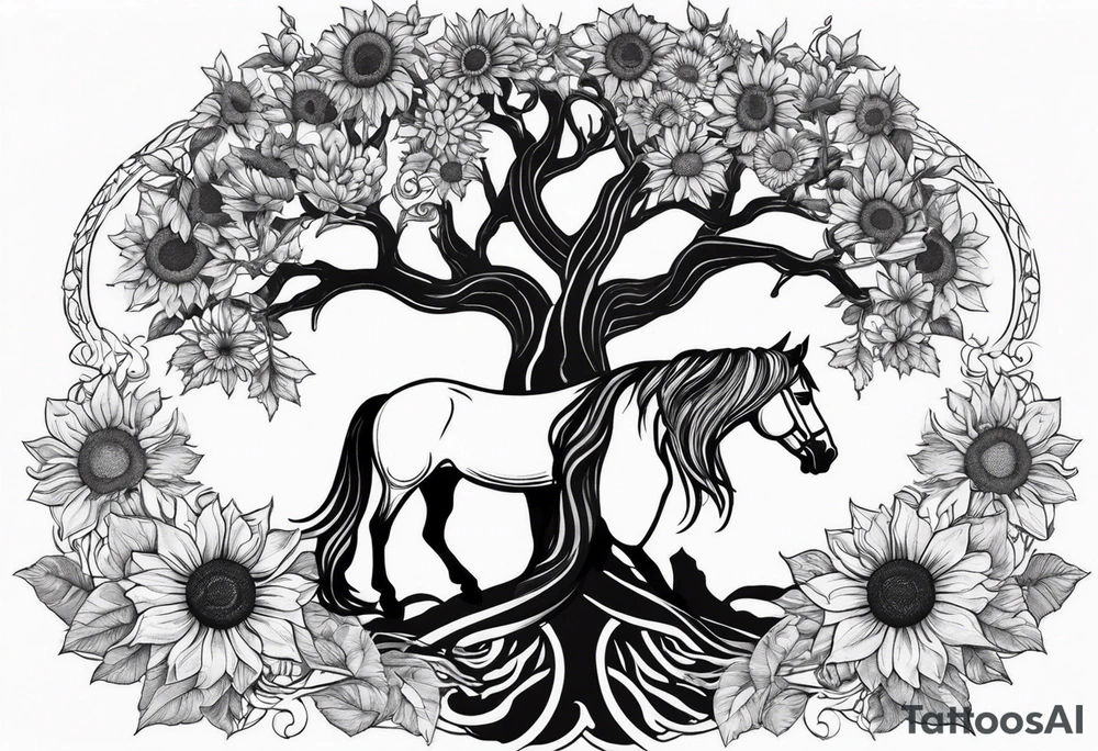 Yggdrasil tree, horse in front of it, and sunflowers tattoo idea