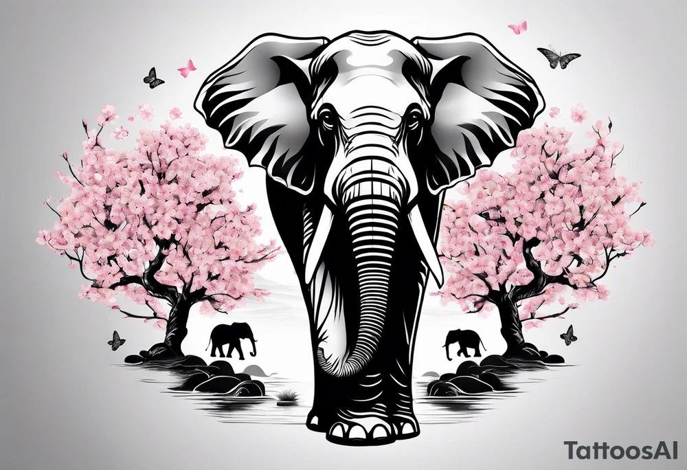 Elephant with cherry blossom tree tattoo idea