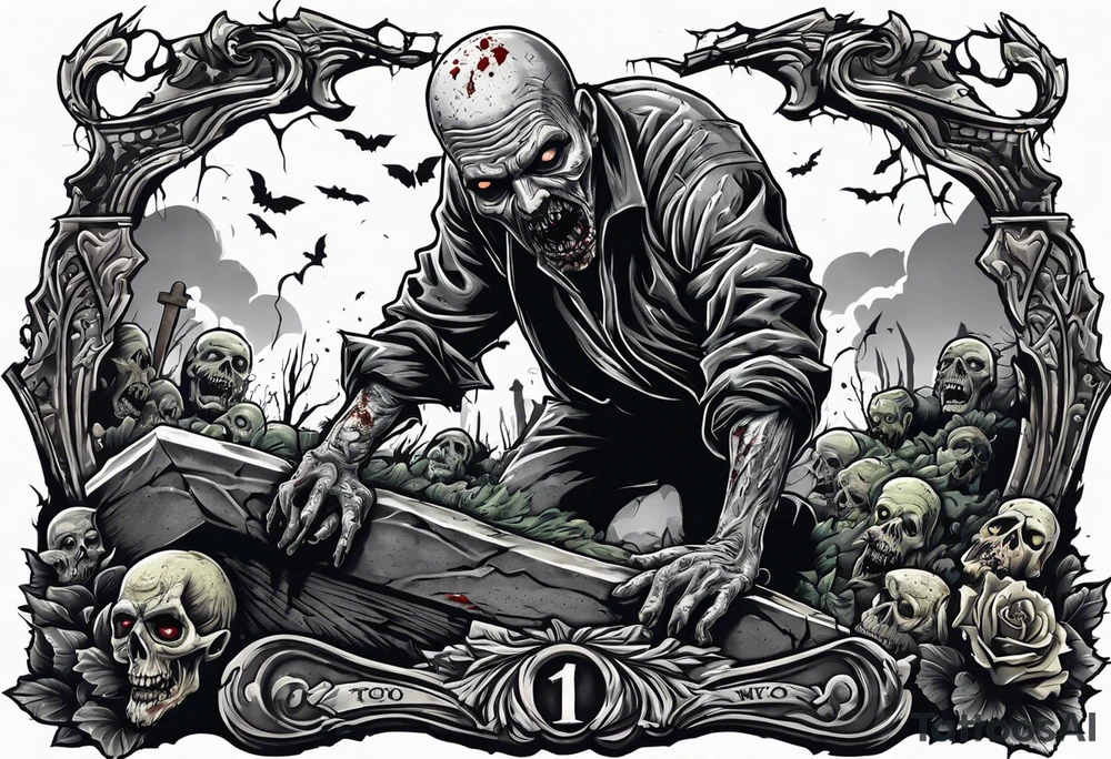 Zombie crawling out of grave. 
MIW Reincarnate written on gravestone tattoo idea